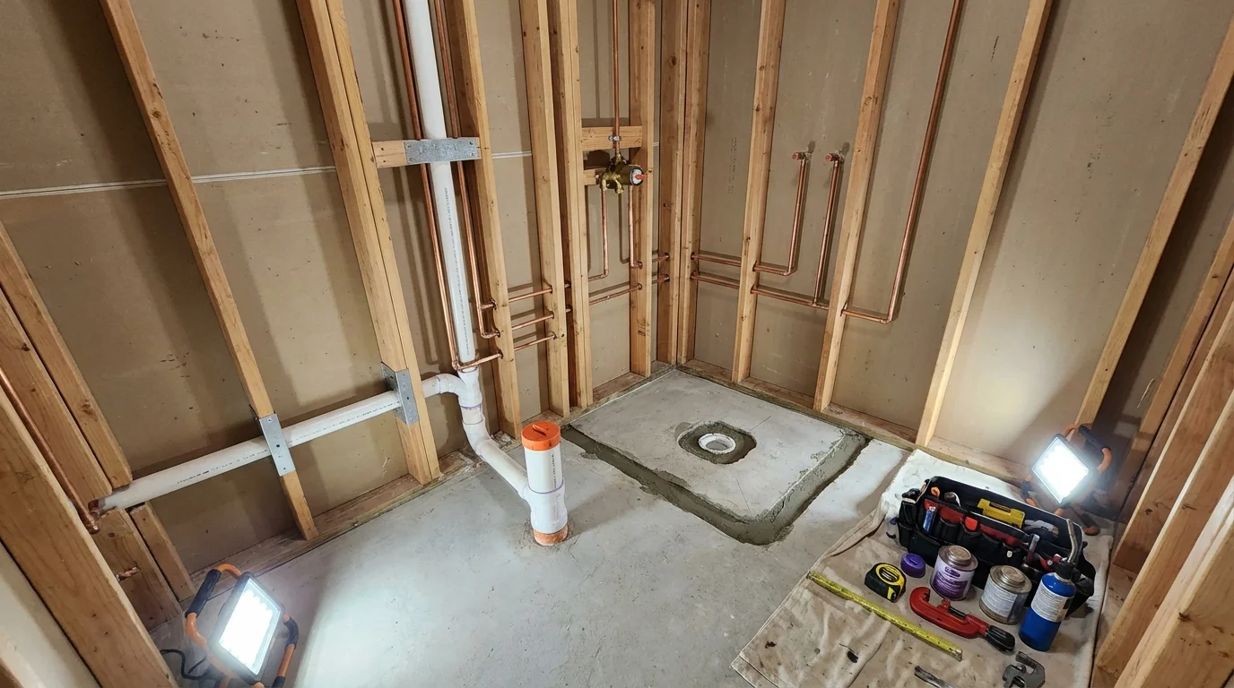 Bathroom rough-in plumbing during remodel by Johns Plumbing LLC in Paxton