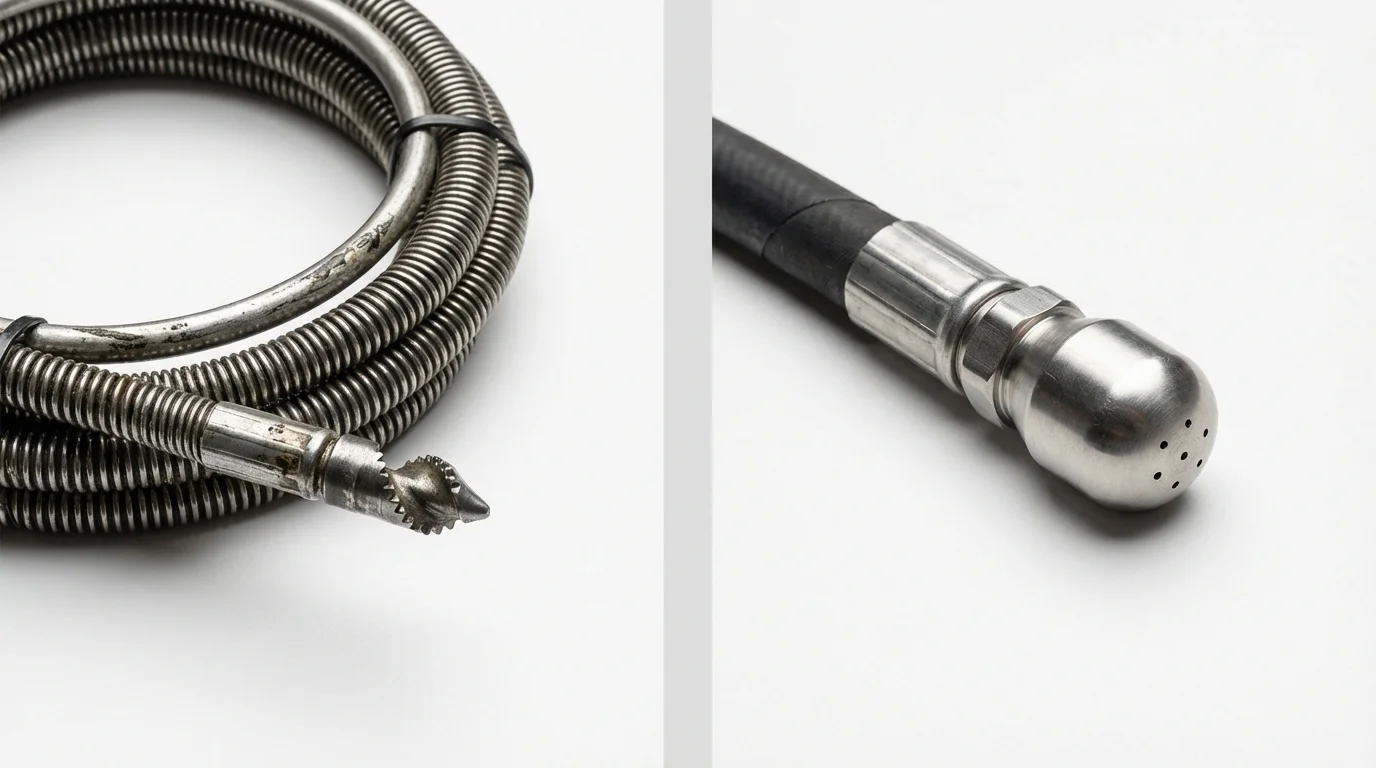 Drain snake cable and hydro jetting nozzle used for drain cleaning in Paxton, MA