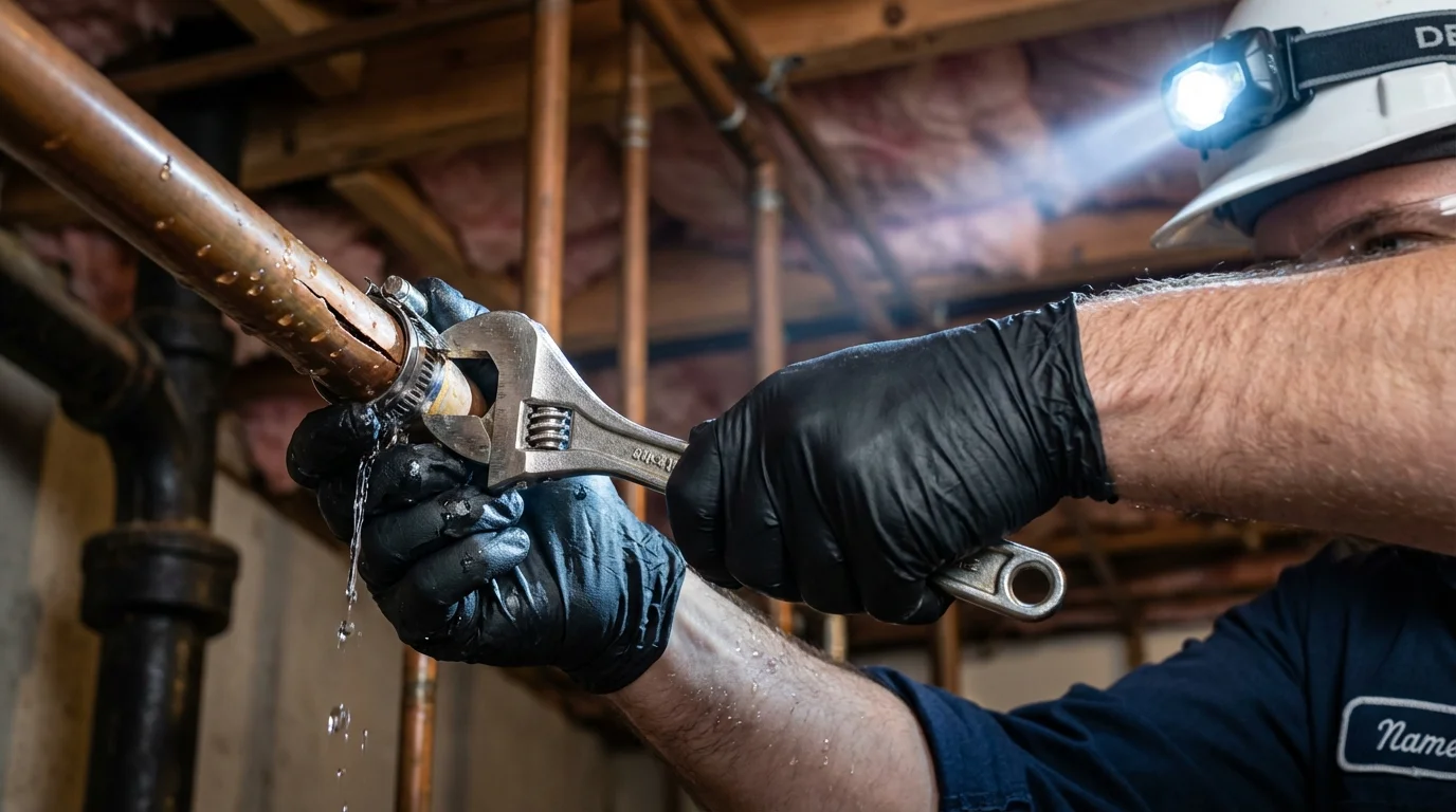 Emergency pipe clamp repair being performed by a Johns Plumbing LLC plumber in Paxton