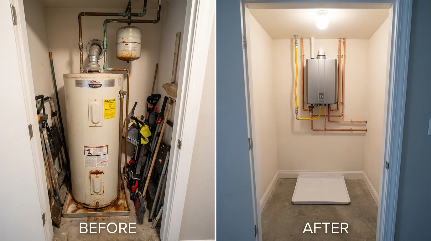 Tank water heater versus wall-mounted tankless unit comparison for Paxton, MA homeowners