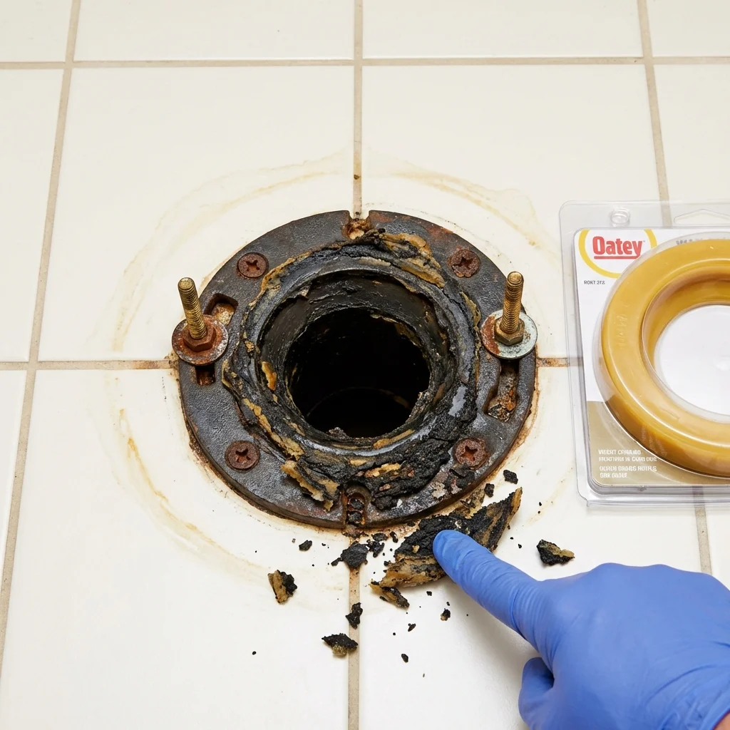 Failed wax ring showing water seepage at the base of a toilet in a Paxton, MA home