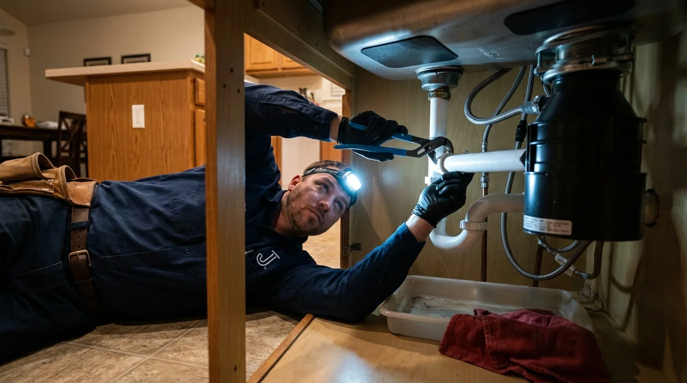 P-trap and supply line connections under a kitchen sink showing a common leak point in Paxton, MA